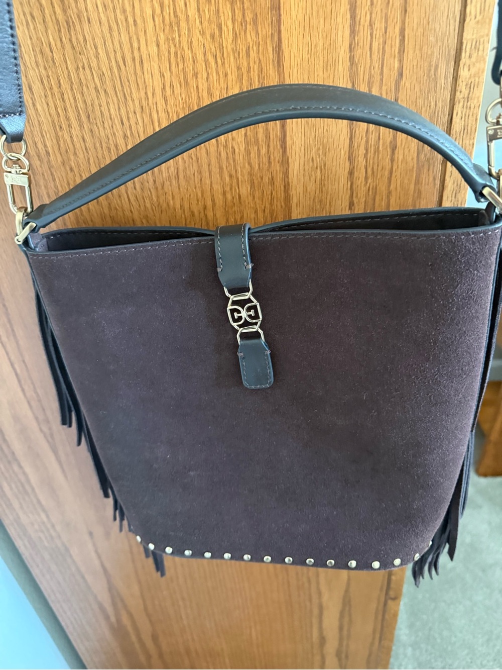 Sam Edelman Dark Brown Suede Fringe Bucket Bag with Gold Hardware